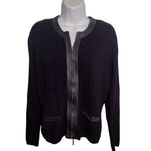 Etoile Women's Knit Cardigan Sweater M Faux Leather Trim Black Biker Edgy READ